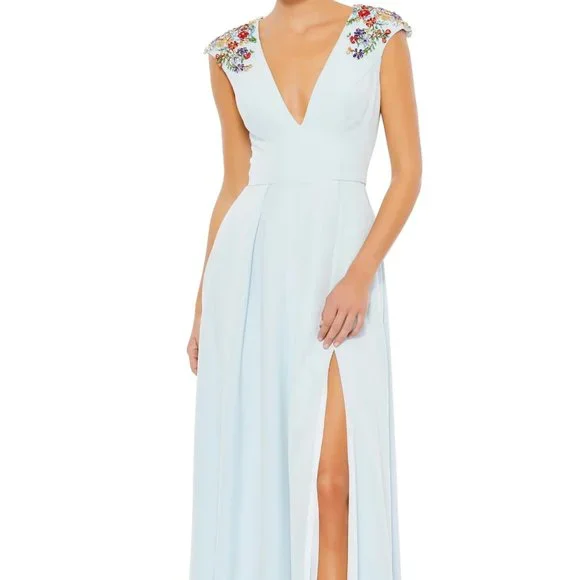 navy blue dress for baby girl Shoulder-Bow Long Prom Dress: Mac Duggal 49454 Powder Blue / 0